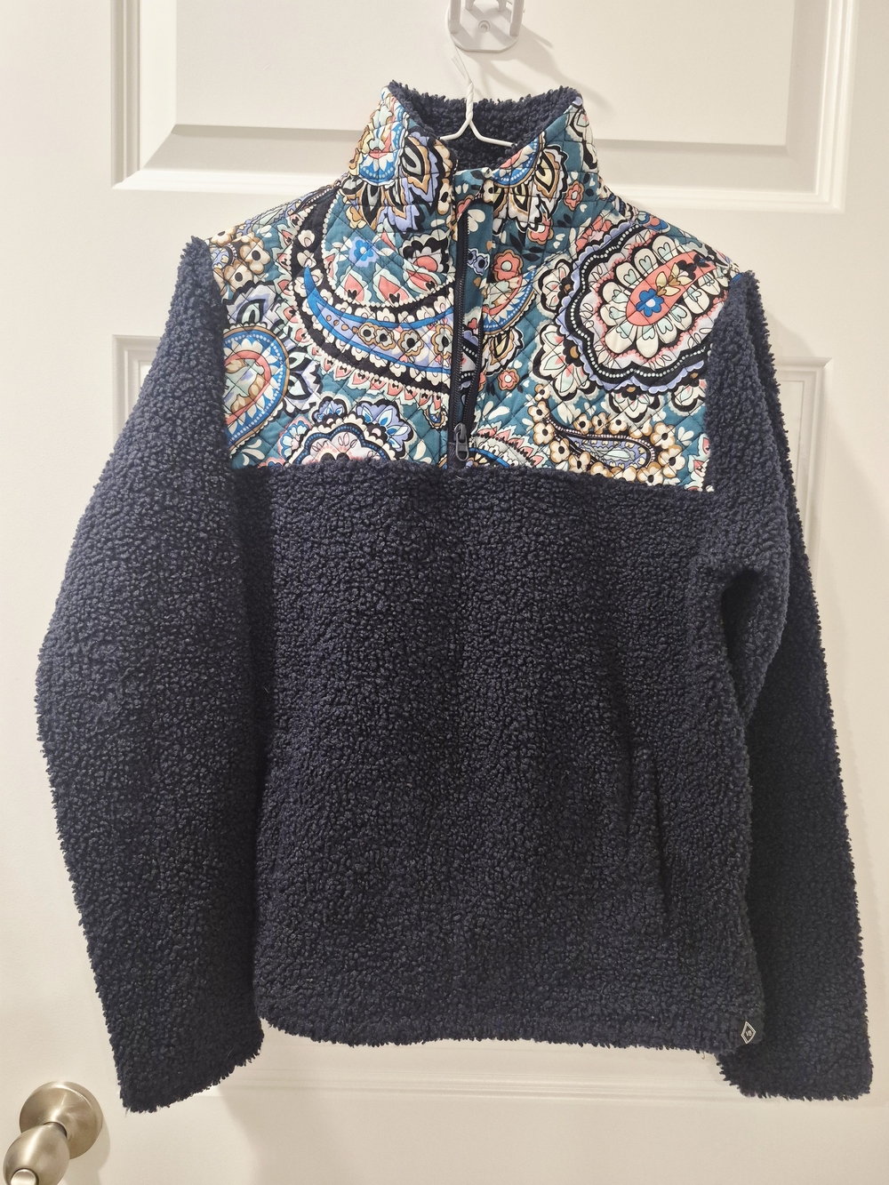 Vera Bradley Navy Sherpa Pullover with Colorful Paisley Yoke